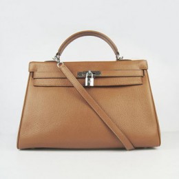 Hermes Kelly 35Cm Togo Leather Handbag Light Coffee/Silv
